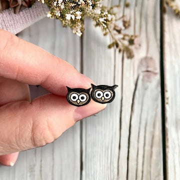 Owl Stud Earrings -Black & Tan