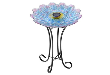 Solar LED Floral Glass Bird Bath with Stand